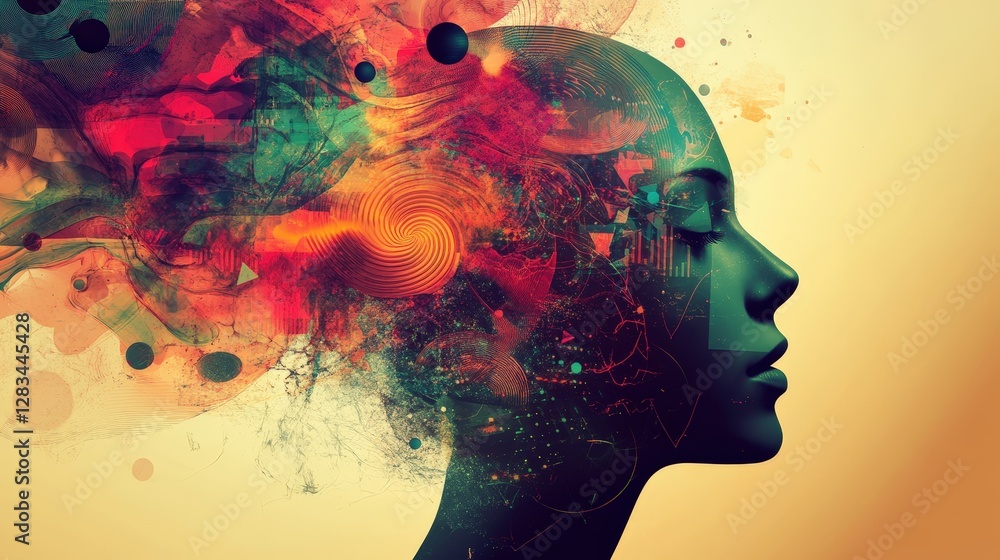 Poster abstract thoughts, with floating geometric shapes and colors symbolizing a complex thought process