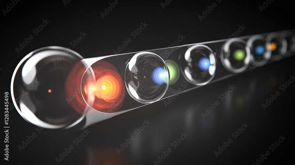 Poster a visual representation of an electron transition between energy levels in an atom, emitting light.