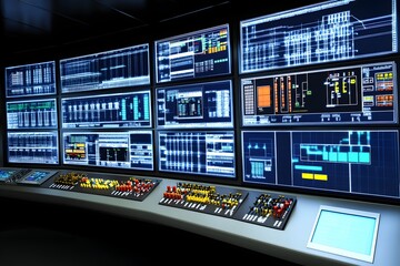 Obraz premium Control room with multiple screens displaying data and graphs, showcasing monitoring technology