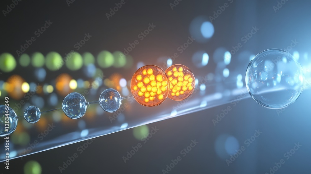 Poster a visual representation of an electron transition between energy levels in an atom, emitting light.
