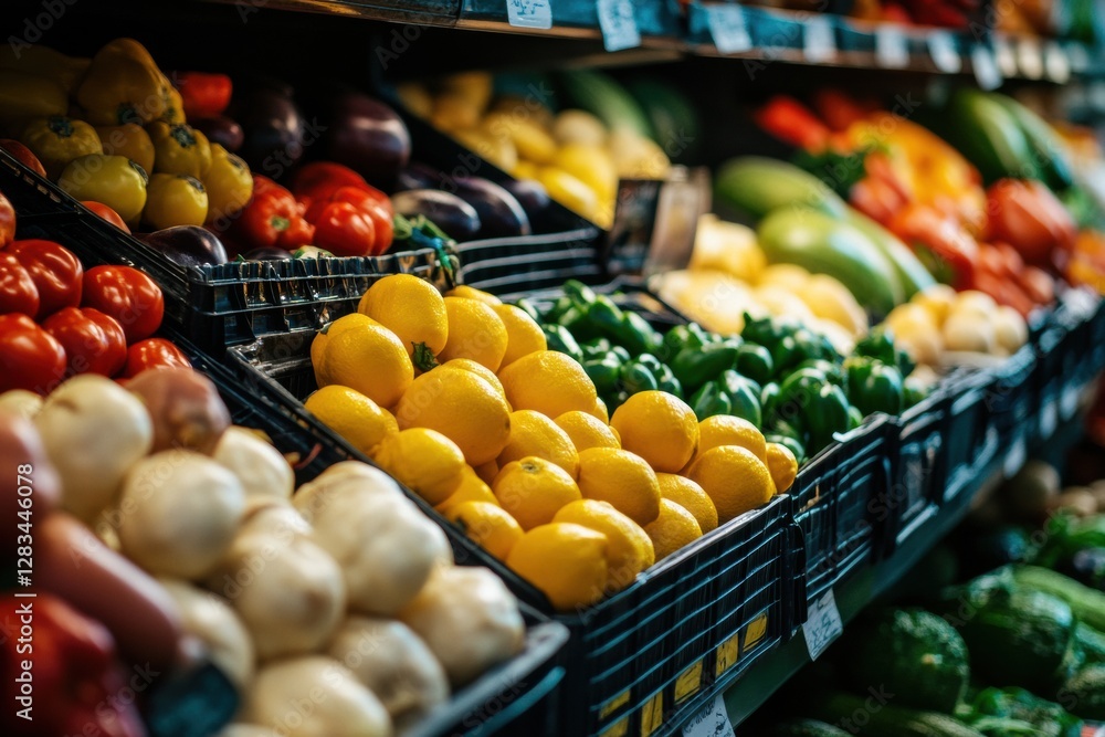 Poster fresh produce display featuring vibrant vegetables and fruits in a market during daylight hours. gen