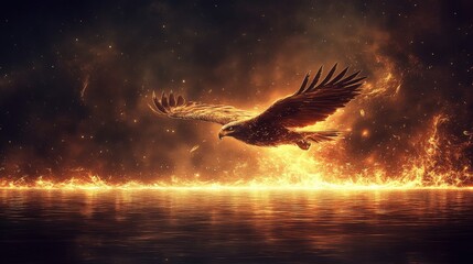 Majestic Eagle in Flight Above Fiery Water with Dramatic Background