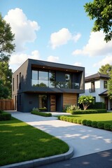 Large modern building against a backdrop of suburban homes and trees with private driveways, modern architecture, architecture