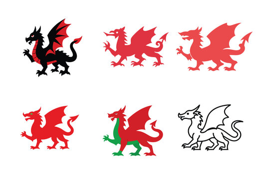 Collection of Dragon Illustrations, Welsh Dragon Variations, St. Davids Day Welsh dragon icon, Red