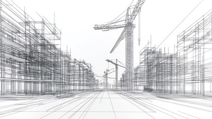 Construction site blueprint with cranes and structures