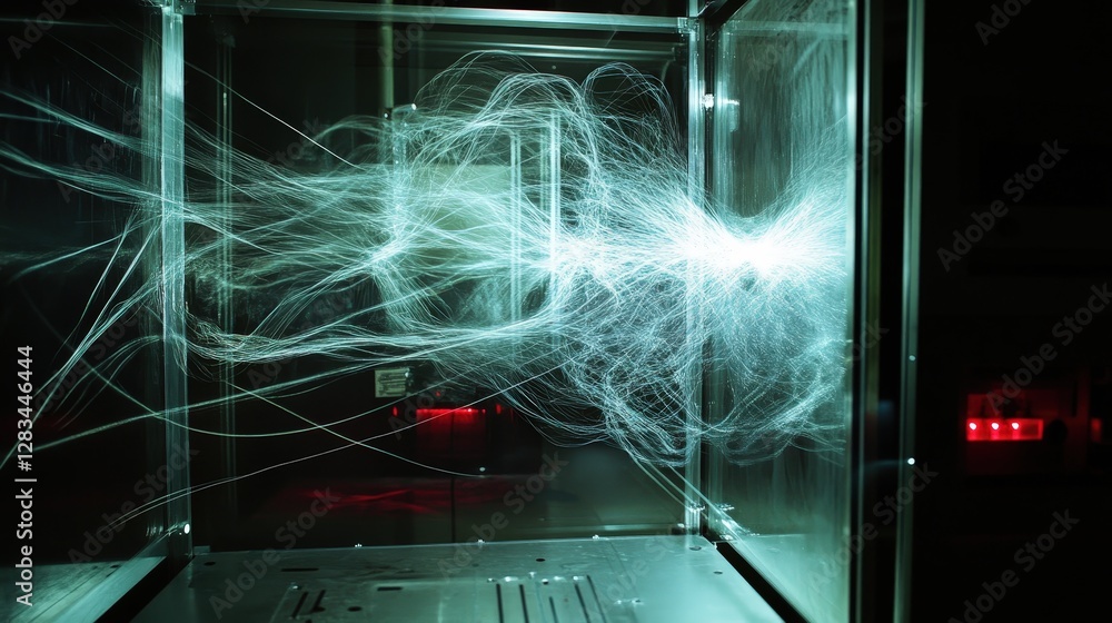 Poster a visual showing protons in a cloud chamber, tracing their paths with charged particle trails.
