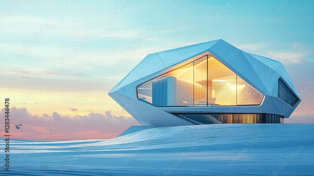 Poster geometric architectural marvel: captivating image showcases a unique, geometric building structure s