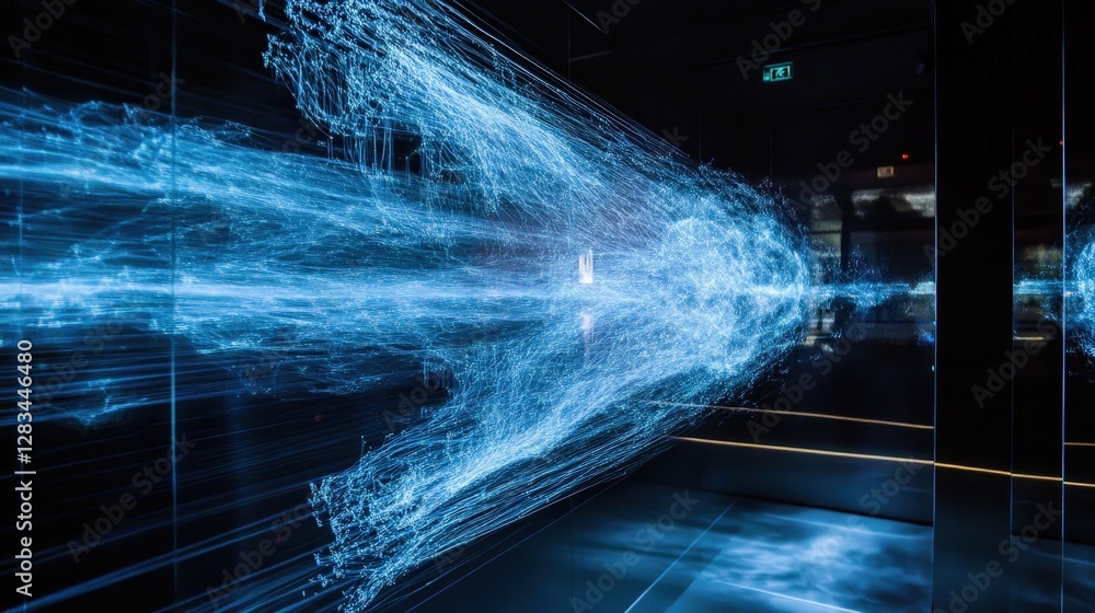 Poster a visual showing protons in a cloud chamber, tracing their paths with charged particle trails.