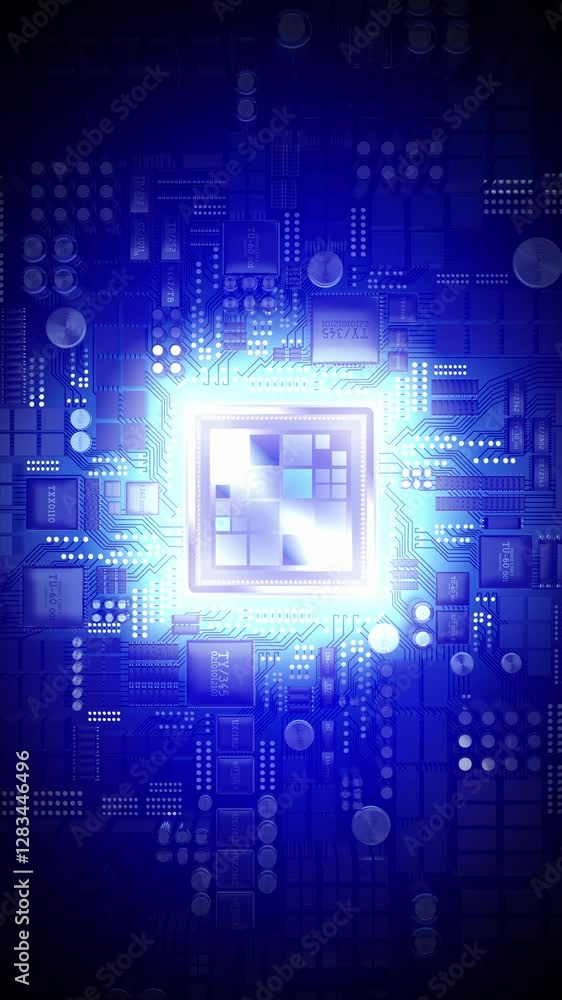 Poster computer processor and light rays - 3d 4k vertical animation (2160x3840 px)