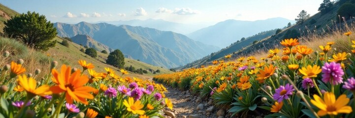 Fototapeta premium Earthy terrain with blooming wildflowers, organic, landscape, earthy tones