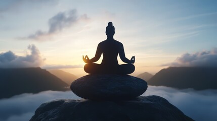 A person meditating on a mountain peak, surrounded by clouds and light rays breaking through.