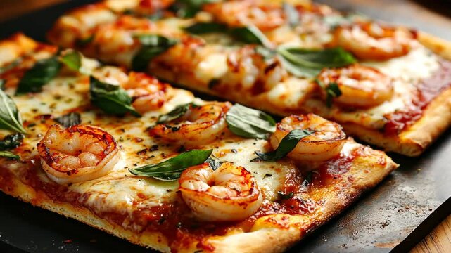 Shrimp pizza topped with fresh basil on crispy crust