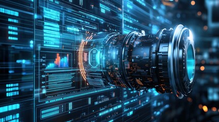 Futuristic camera lens design with digital elements and glowing effects, emphasizing technology and innovation in modern photography