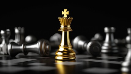 chessboard with one gold and one silver king piece standing on top of the other pieces