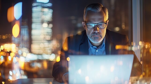 Focused Professional in a Night Cityscape: Illuminating Success Through Dedication