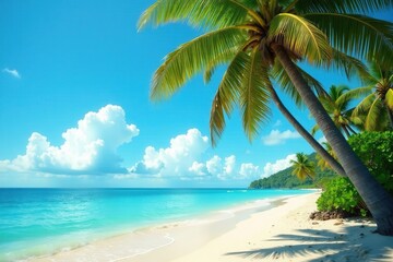 Palm trees sway gently in the ocean breeze on a warm sandy beach, sunset, warmth