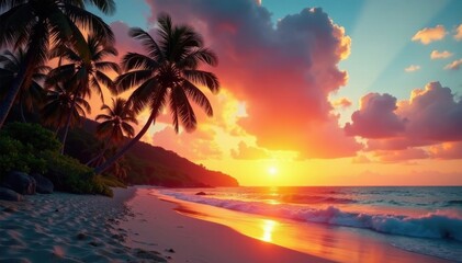 Palm trees sway in tropical breeze on sandy beach at sunset, sunset, warm light