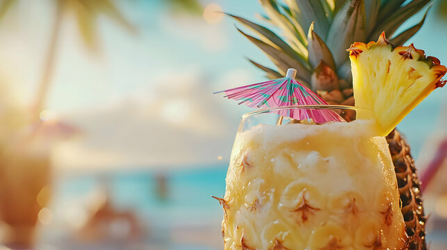 A refreshing tropical drink garnished with pineapple and an umbrella.
