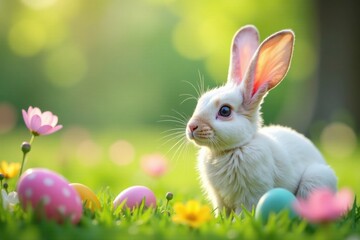 Obraz premium Easter bunny ears with eggs amidst meadow flowers, easter eggs, colorful illustrations, meadow flowers