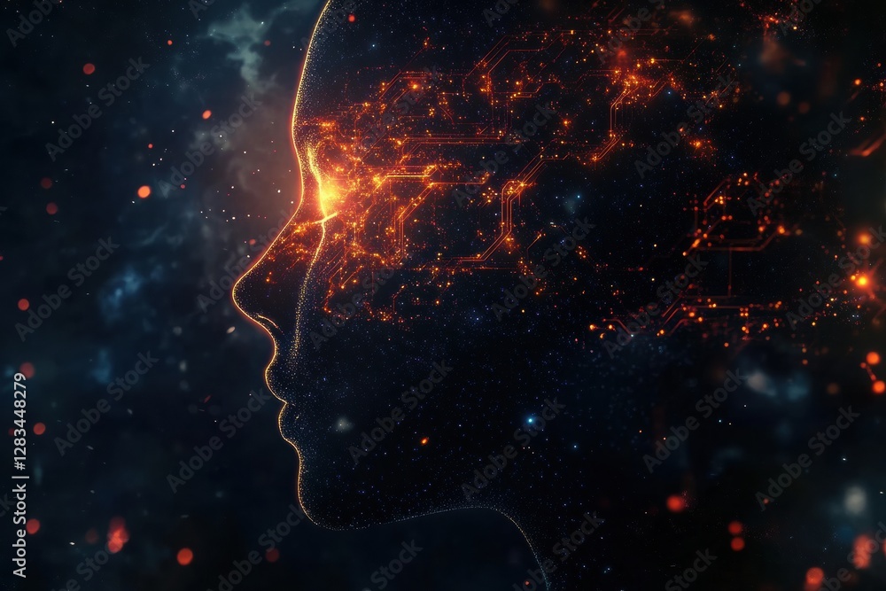 Poster human head silhouette with glowing quantum circuits symbolizing advanced technology and consciousnes