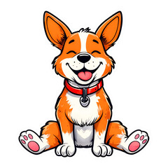 Obraz premium Happy Smiling Cartoon Corgi Dog Vector Art Illustration Cute Puppy Sitting Red Collar Orange White Fur Digital Pet Animal Graphic Design Artwork