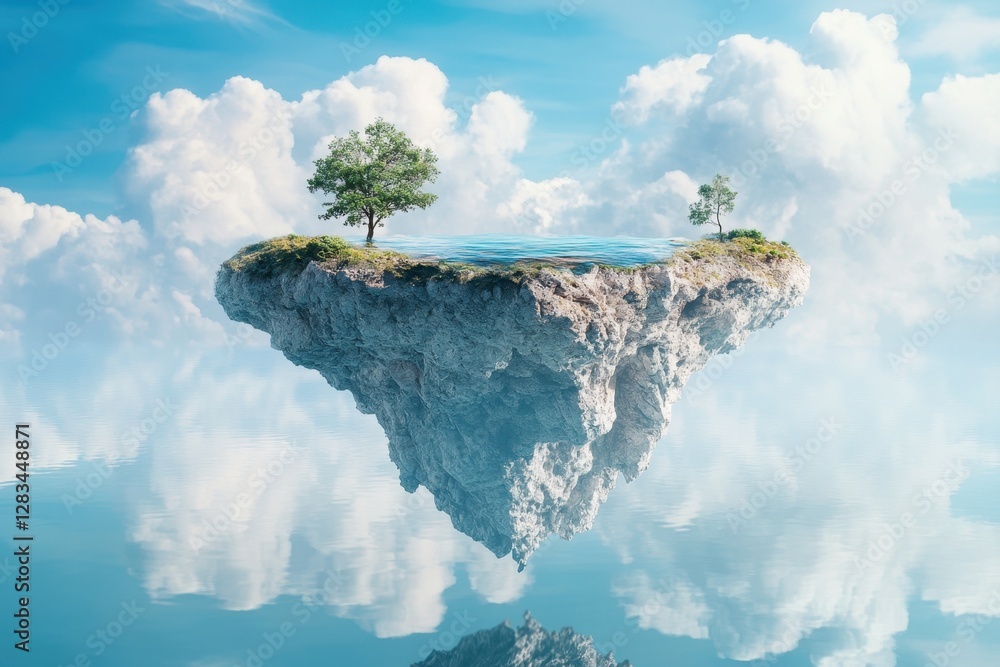 Poster floating island with trees and water reflecting in calm clouds during daylight hours
