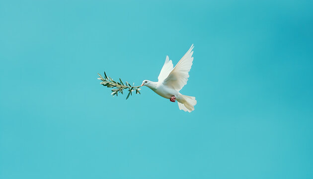A majestic white dove gracefully flying against a clear blue sky, carrying an olive branch in its beak