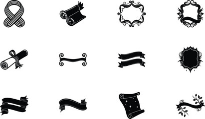 Ribbons, Banners, Scrolls, and Frames Black and White Design Elements