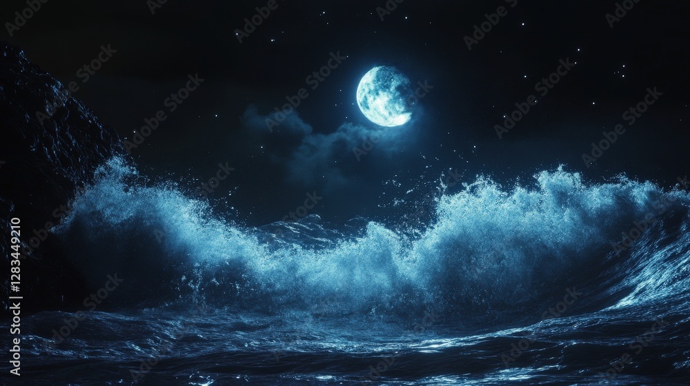 Poster a wave of particles flowing rhythmically across the screen, mimicking the movement of ocean currents