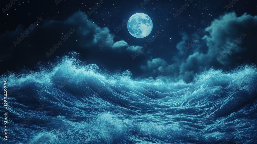 Poster a wave of particles flowing rhythmically across the screen, mimicking the movement of ocean currents