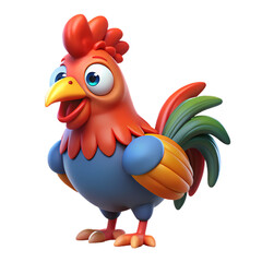 3d cartoon rooster cartoon waving, cartoon hen on transparent background