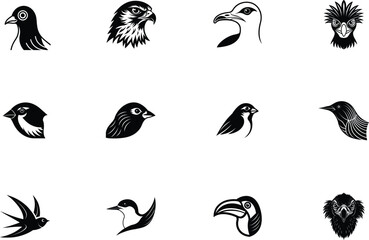 Twelve Bird Head Illustrations Avian Designs, Black and White
