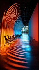   Chairs line room; neon light on wall behind