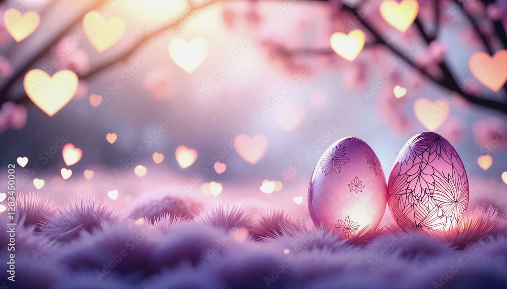 Poster dreamy abstract easter-themed background with glowing bokeh lights and floating eggs