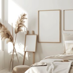 Minimalist bedroom interior with pampas grass. wooden easel. and a white bed