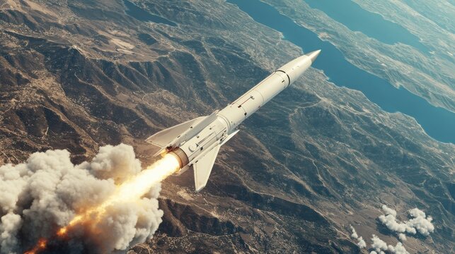 Missile launches high above mountainous terrain with smoke trails under a clear blue sky