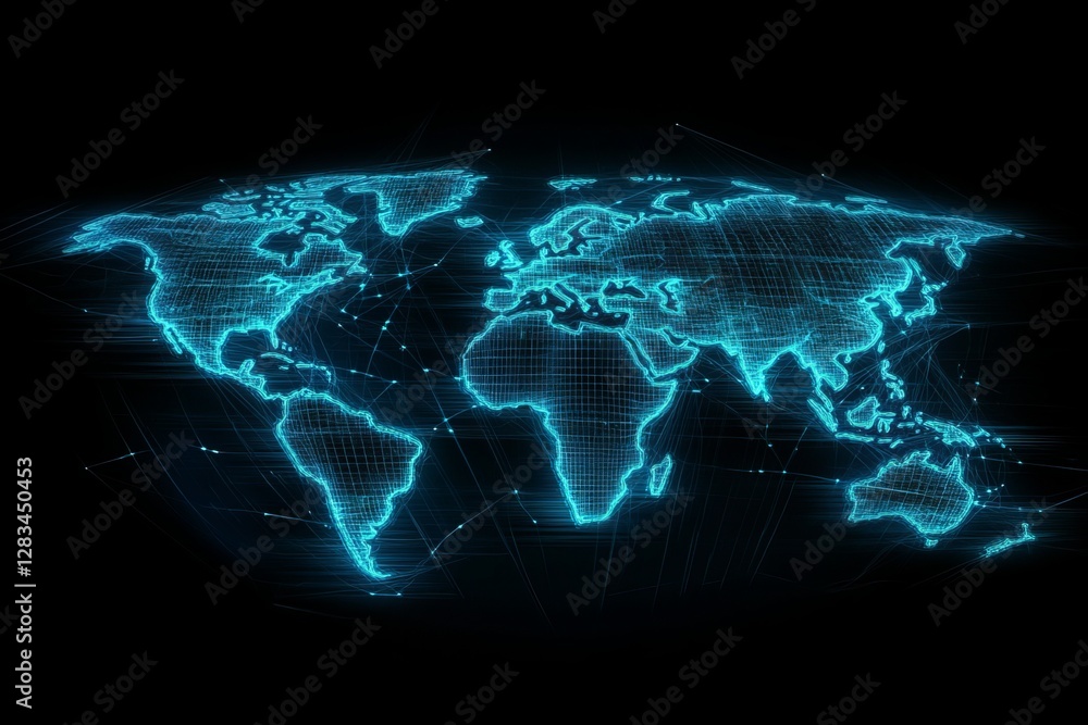 Aufkleber global network digital world map abstract technology background futuristic illuminated grid lines co