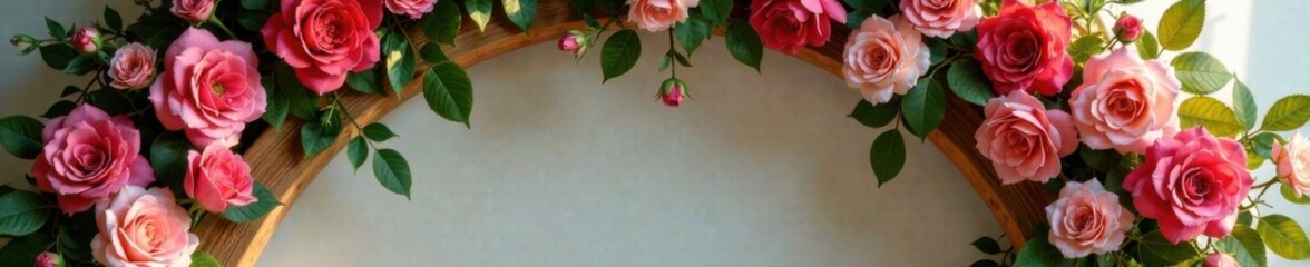 Elegant artificial flower arrangement behind a wooden archway, vintage style, garden decoration, outdoor decor