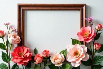 Elegant arrangement of artificial flowers on a wooden frame wall for a classic look, classic decor, floral arrangement, artificial blooms