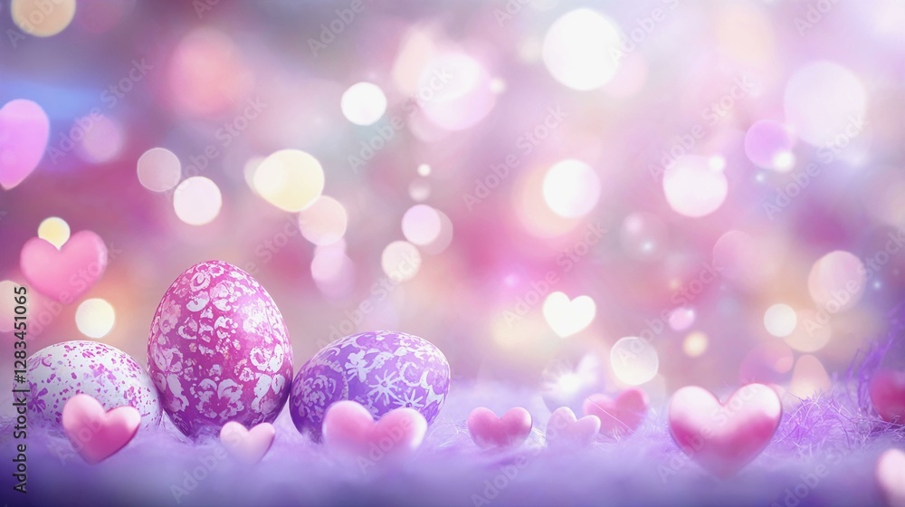 Poster dreamy abstract easter-themed background with glowing bokeh lights and floating eggs