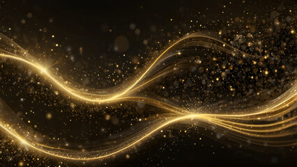Fototapeta premium Digital gold particles on an abstract wave and light background with stars and dazzling spots.