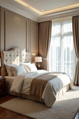 Elegant bedroom with plush white bedding, velvet headboard and floor-to-ceiling curtains, elegant bedroom, soft furnishings, luxury white master bedroom