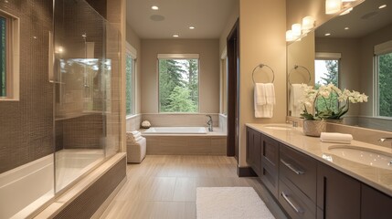A well-designed bathroom with sleek tiles, modern fixtures, and a large mirror.