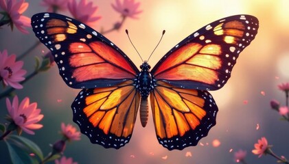Fototapeta premium Elegant butterfly wings spread wide in mid-air, nature, floral, color