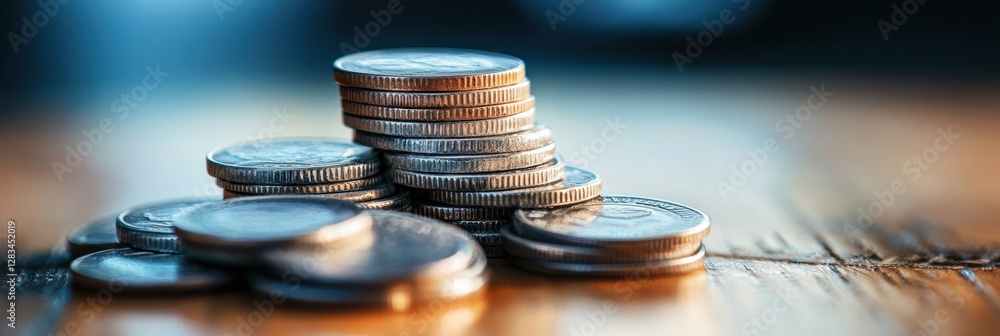 Poster Stack of coins arranged on a wooden surface reflecting morning light in a calm environment. Generative AI