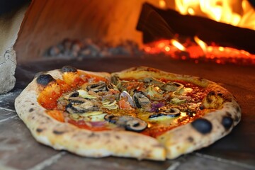 Pizza. Pizza Ortolana, Vegetarian Italian Pizza with Grilled Vegetables, Tomato Sauce, Mozzarella Cheese, and Fresh Herbs, Delicious Pizza Isolated on Oven Background with Copy Space
