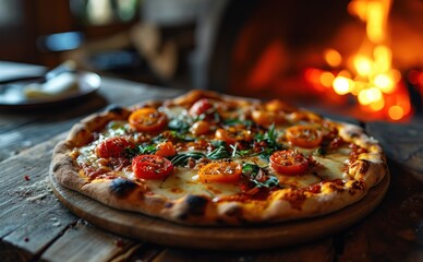 Pizza. Pizza Ortolana, Vegetarian Italian Pizza with Grilled Vegetables, Tomato Sauce, Mozzarella Cheese, and Fresh Herbs, Delicious Pizza Isolated on Oven Background with Copy Space