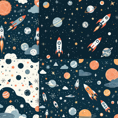 four distinct sections, each featuring a unique space theme with planets, stars, and rockets.