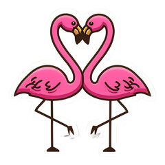 Romantic Cartoon Pink Flamingos Forming Heart Shape Love Birds Couple Sticker Vector Art Illustration