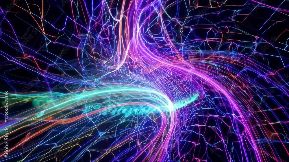 Poster dynamic lines of colorful light twist and turn, forming an intricate pattern in a dark environment. 